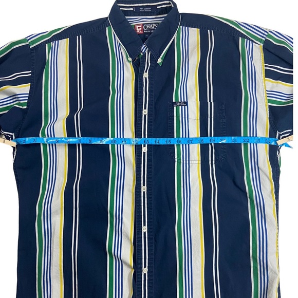Chaps Ralph Lauren Men’s Striped Button Down Short Sleeve Navy Blue Shirt Large - Picture 6 of 8